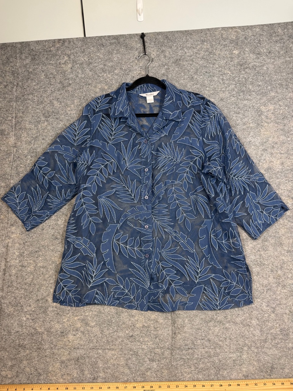 Vintage Tanjay Blue Floral Blouse Large Sheer Embroidered Coastal Boho Top